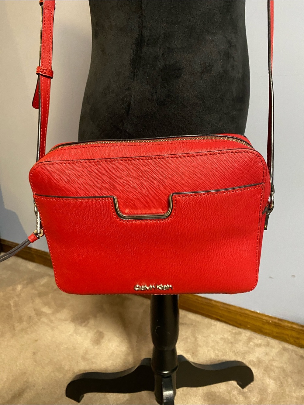 Calvin Klein Red Saffiano Crossbody with Silver Trim